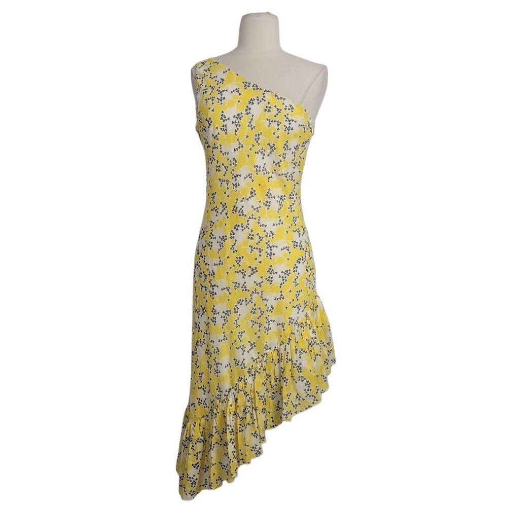 Paul & Joe Yellow Floral One Shoulder Ruffle Asymmetrical Dress Sz‎ 42 US 10